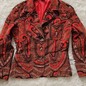 Isaac Mizrahi Red Orange Paisley Corduroy Blazer Jacket Womens Size Medium